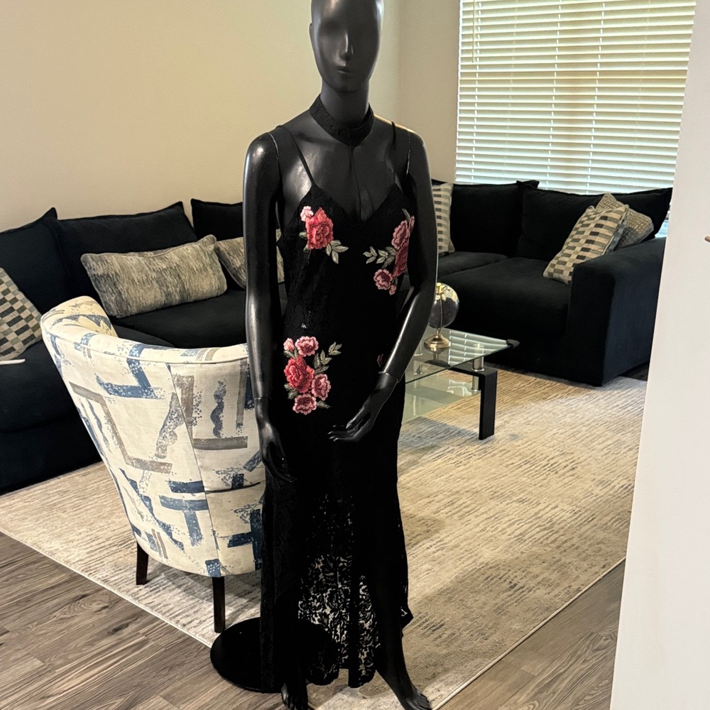 Fashion Nova Black Dress with Red Floral Accents